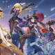 Aether, Fischl, Mona, Scaramouche, and Paimon watching falling stars.